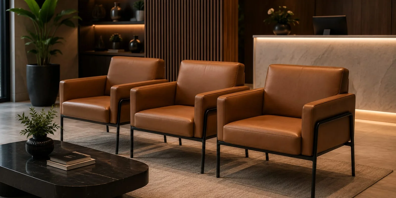Projeto corporativo DelltaFlex — recepção com poltronas em couro